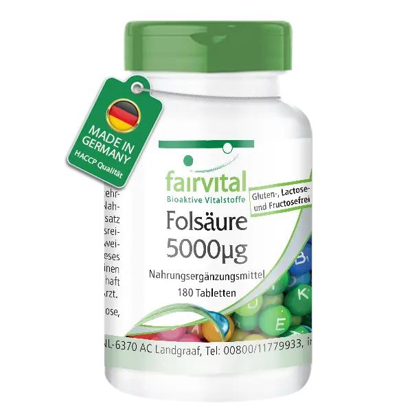 Folsäure 5000µg - 180 Tabletten - über 100% Bedarfsabdeckung - für Blutbildung; Zellteilung uvm. - vegan | Fairvital